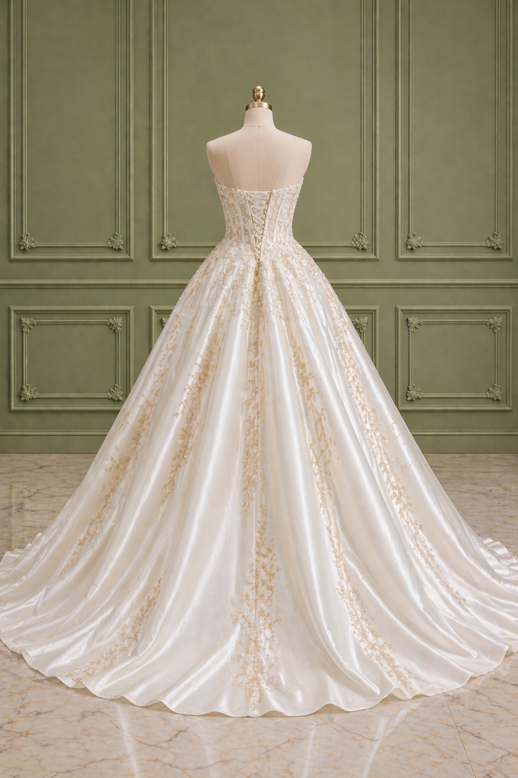 Ivory Strapless Lace Corset Ball Gown Wedding Dress With Gold Embroidery  And Full Satin Skirt on Luulla