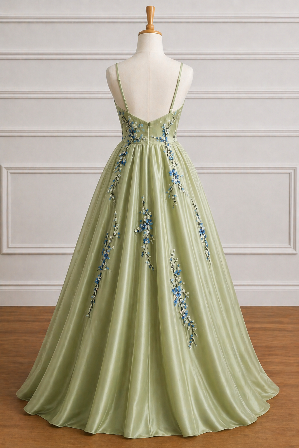 Matcha Green Satin Ball Gown With Blue Floral Embroidery Spaghetti Strap Corset Dress on Luulla Matcha Green Satin Ball Gown With Blue Floral Embroidery Spaghetti Strap Corset Dress on Luulla
