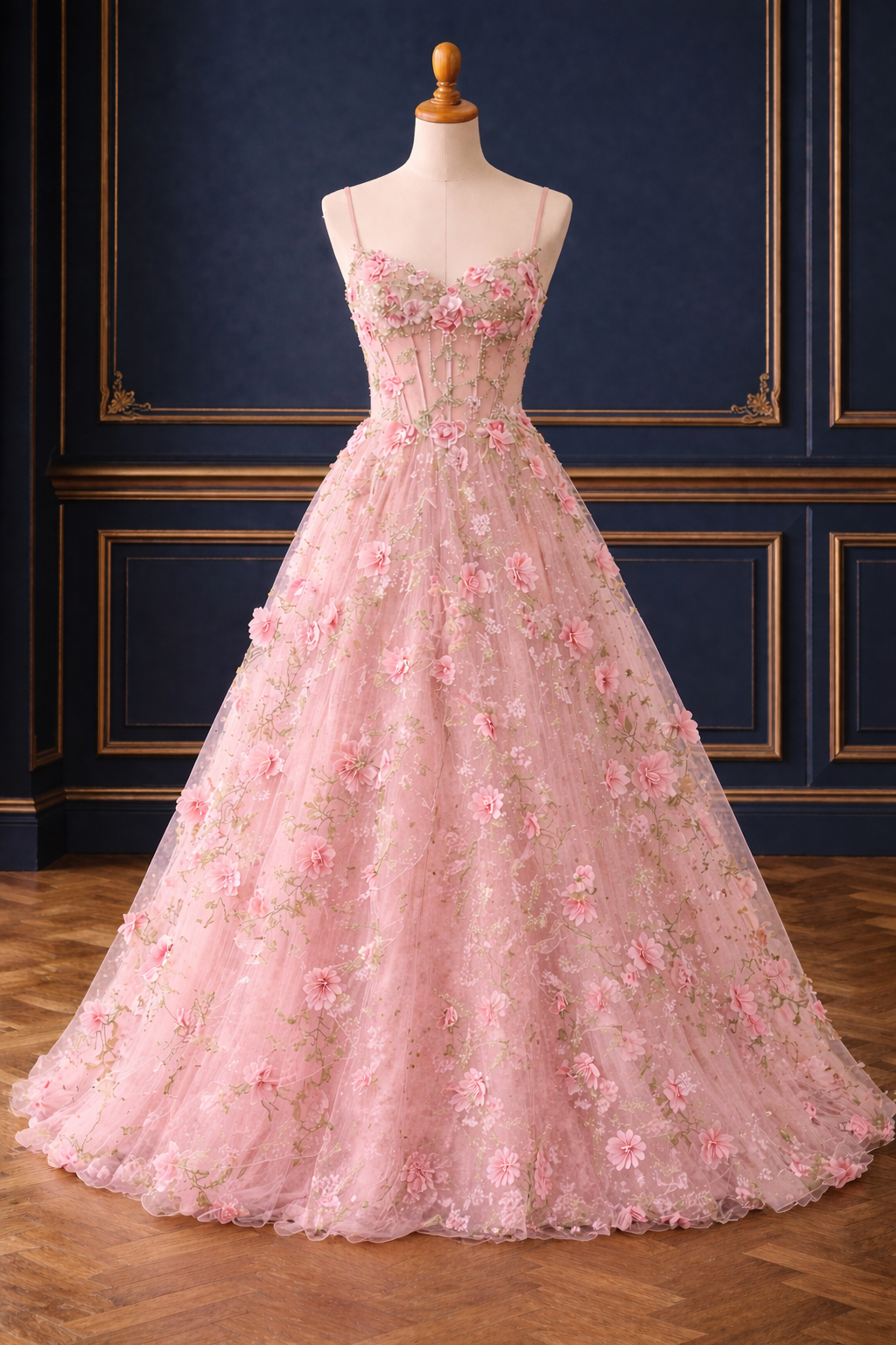 Pink Floral Applique Ball Gown With Corset Back And Layered Tulle Skirt For Weddings And Proms