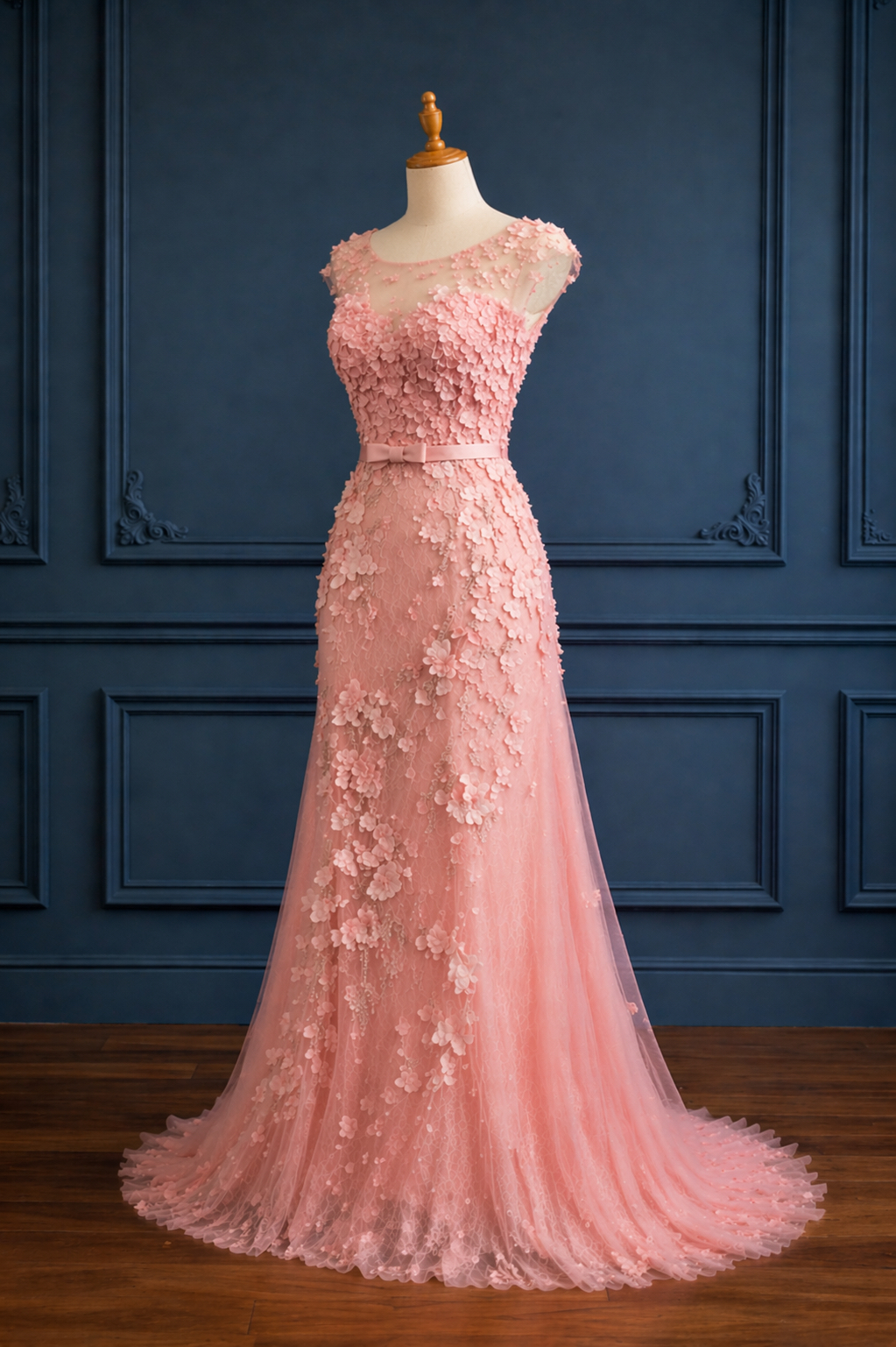 Blush Pink Floral Lace Mermaid Evening Gown With Sheer Illusion Neckline  And Applique Detail on Luulla