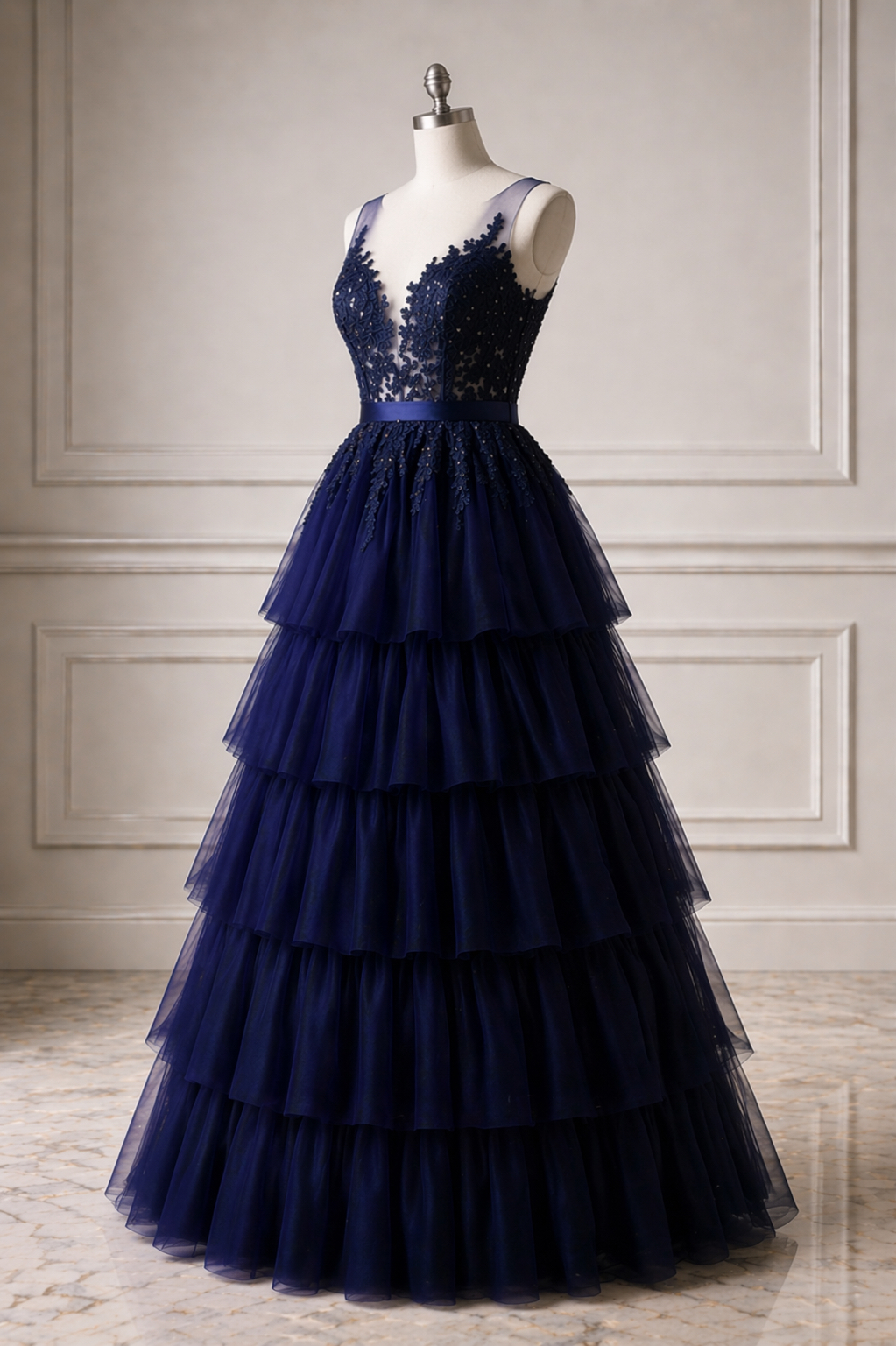 Navy Blue Tiered Tulle Ball Gown With Lace Applique V-neck And Sheer Back  on Luulla