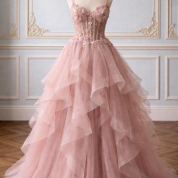 Blush Pink Corset Ball Gown With Floral Applique Layered Tulle Skirt on  Luulla