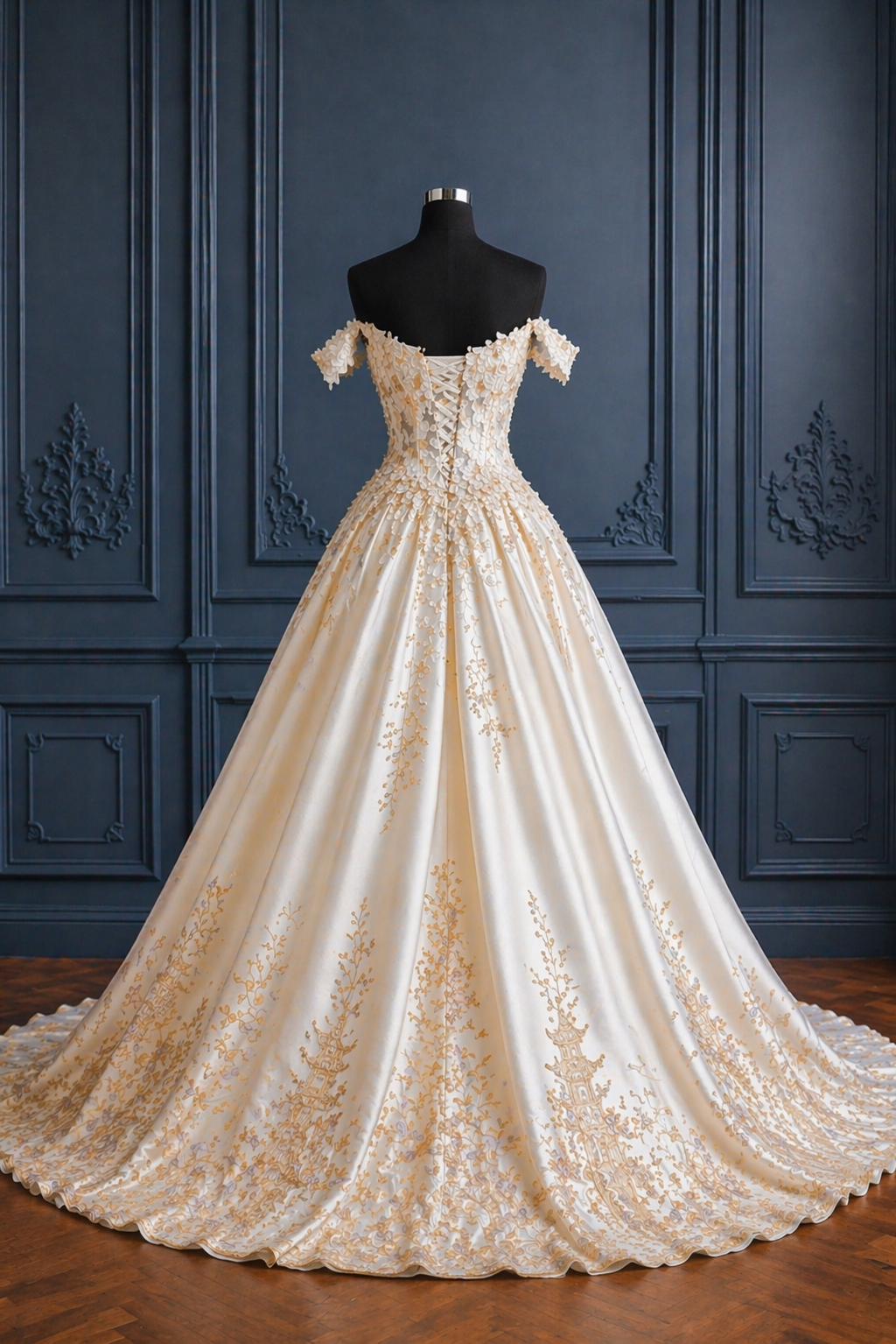 white wedding dresses with gold embroidery Ivory Off Shoulder Lace Corset Ball Gown And Cathedral Train Cowl Neck Dress