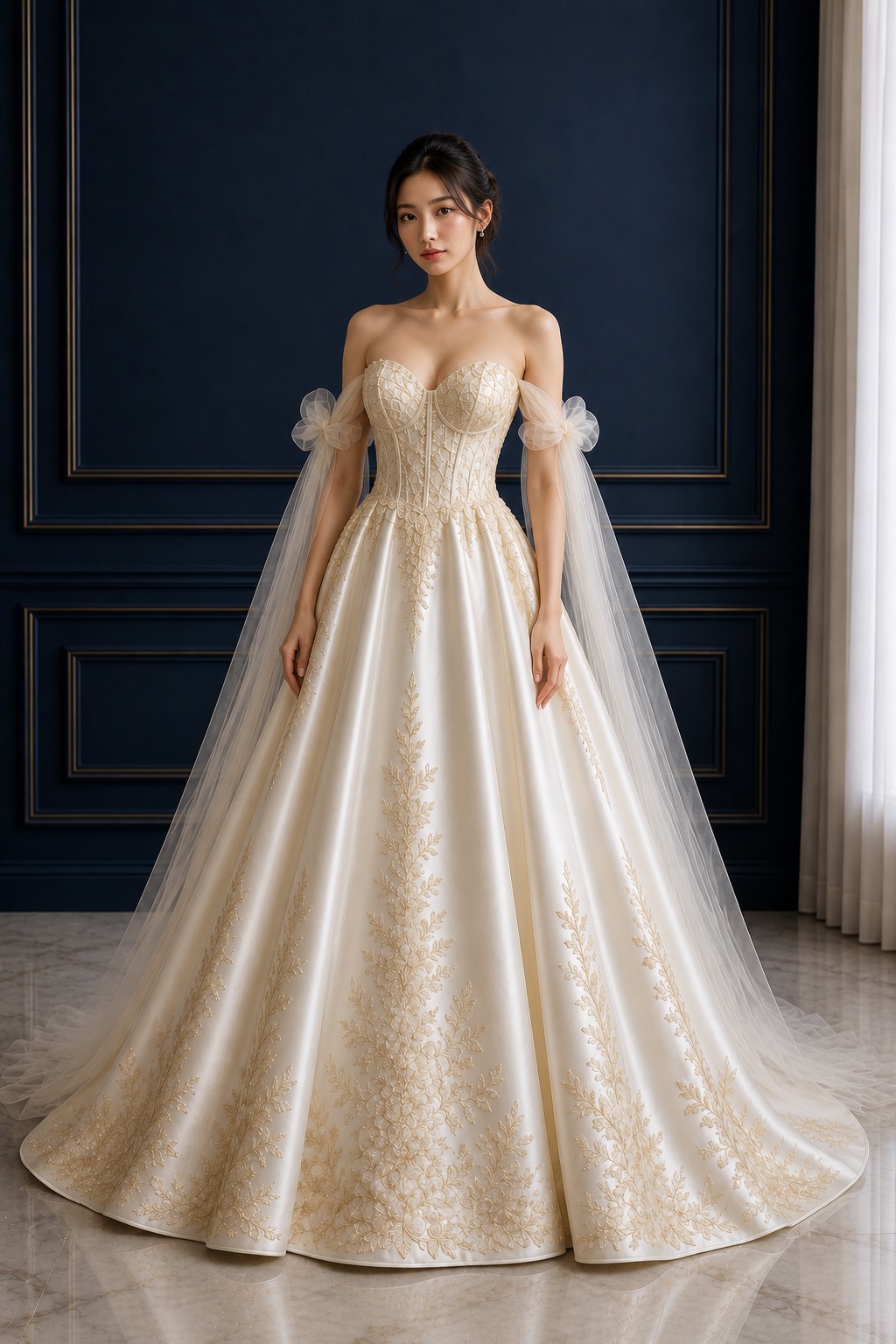 Ivory Gold Embroidered Ball Gown With Off Shoulder Tulle Sleeves And Corset  Bodice on Luulla