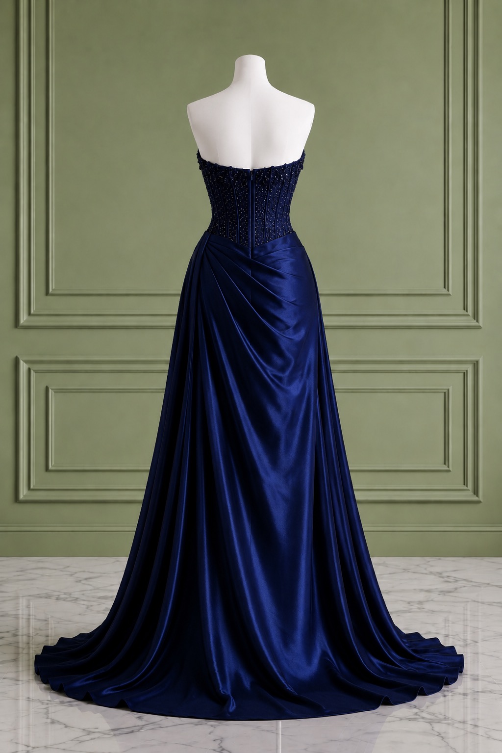 Navy Blue Strapless Corset Satin Evening Dress With Crystal Embellished  Bodice And Draped High Slit on Luulla