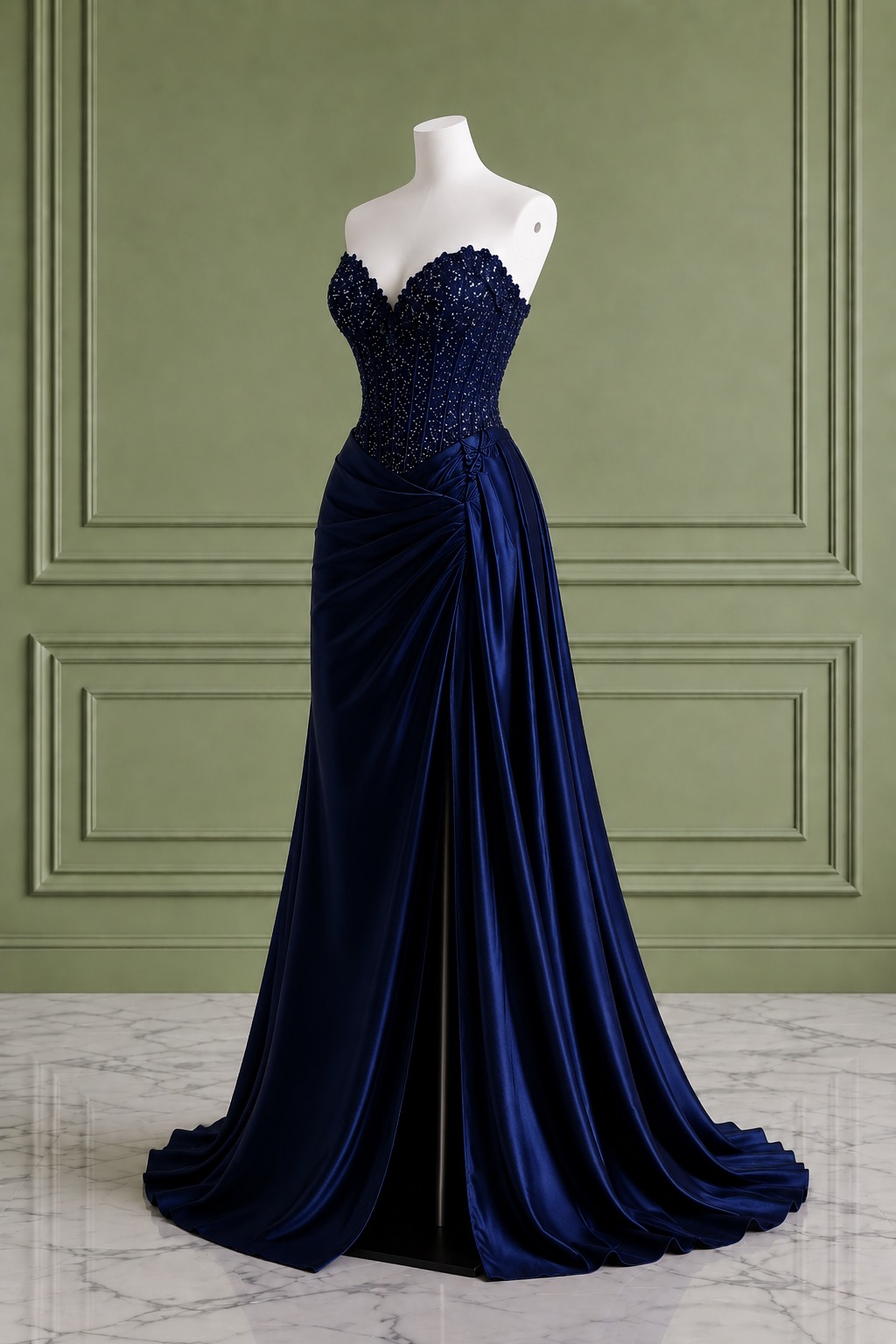 Navy Blue Strapless Corset Satin Evening Dress With Crystal Embellished Bodice And Draped High Slit Skirt Navy Blue Strapless Corset Satin Evening Dress With Crystal Embellished Bodice And Draped High Slit Skirt