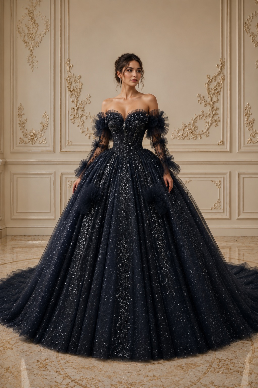 Black Glitter Off Shoulder Ball Gown With Floral Tulle Sleeves And Cathedral Train on Luulla Black Glitter Off Shoulder Ball Gown With Floral Tulle Sleeves And Cathedral Train on Luulla