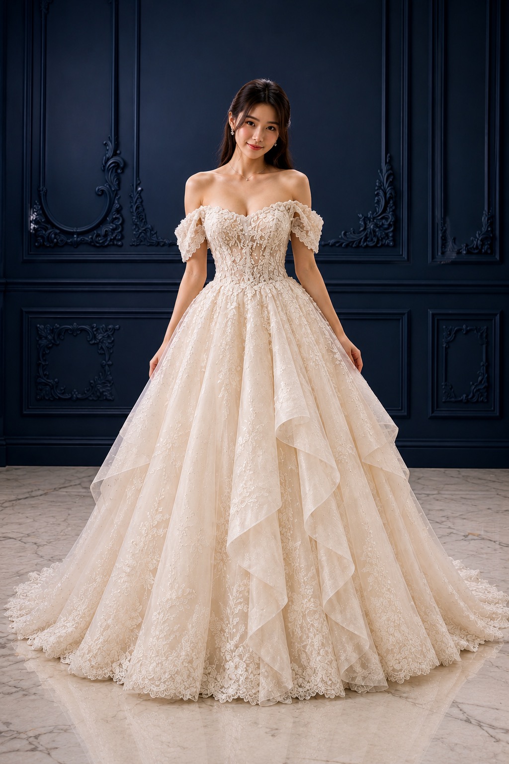 layered ball gown wedding dress Champagne Off Shoulder Lace With Tulle Train And Corset Bodice on Luulla tulle tiered wedding dress