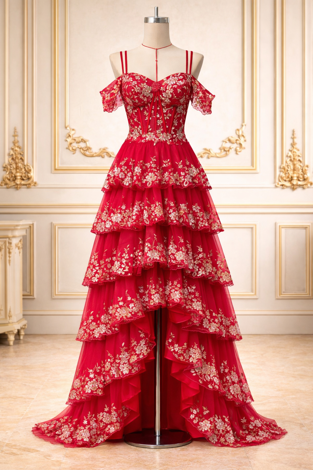 red and gold high low dress Embroidered Tiered Corset Lace Up Evening With Floral Applique on Luulla DENI