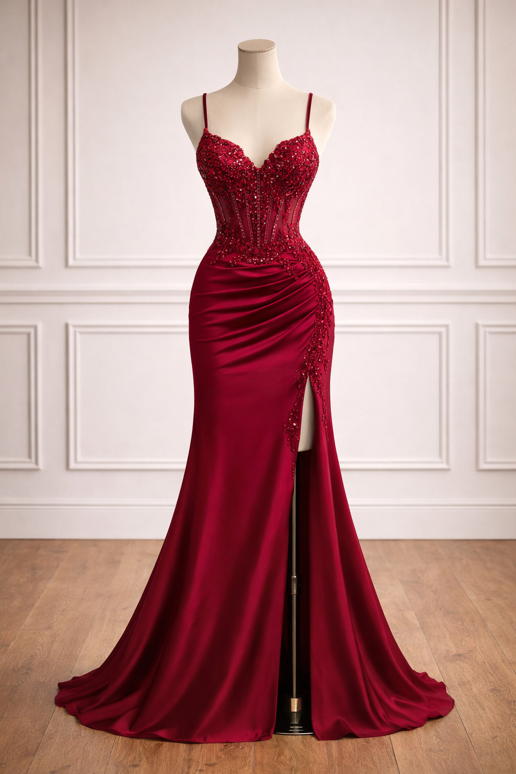 red corset back dress Satin Lace-up Evening Gown With Beaded Bodice And High Slit on Luulla Black Draped Halter Bodycon Size:child-2 bridal gowns one shoulder Lace and side train with