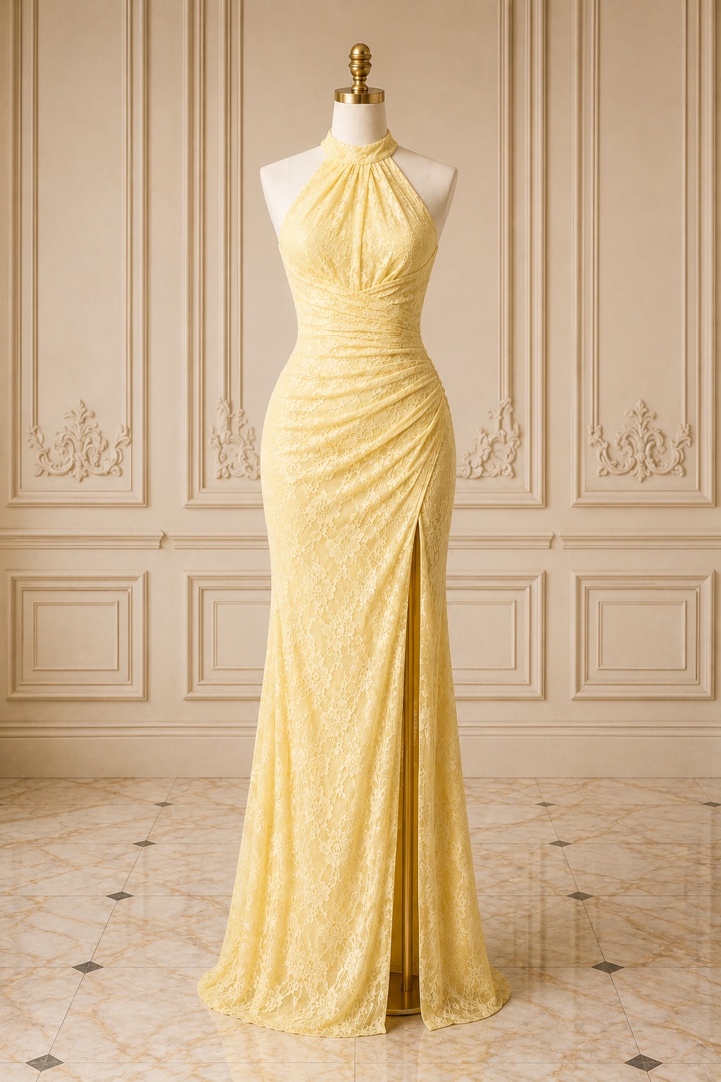 yellow lace mermaid prom dress Yellow Lace Long Sleeves Round Neck Mermaid Prom Dresses , CP0486