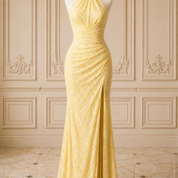 yellow lace halter dress Mermaid Evening With Ruched Waist And High Slit Halter neck