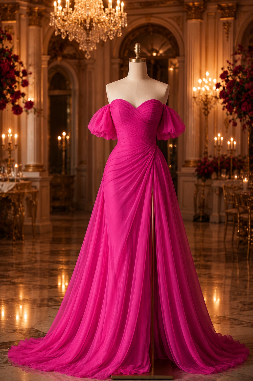 fuchsia corset dress Pink Off Shoulder Chiffon Prom With Puff Sleeves And High Slit SIZE:11.5 Blooming Rose Boho Floral S10 Formal dress 1x Women Dress