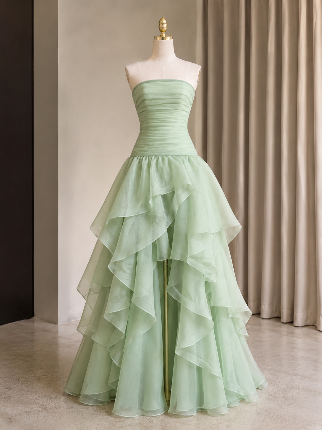 pastel green prom dress dresses long Light Green Satin Sleeveless A-line High Slit Charming Prom Dresses, C  clover sew Back zipper closure Green Prom Dresses | Hello