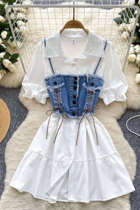 denim dress with white lace White Lace Strap Denim Midi Dress with Asymmetric Hem