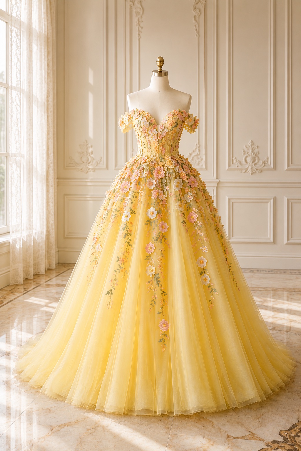 formal dress with floral applique Yellow Appliqué Off Shoulder Tulle Prom Quinceañera Gown 3d Flower Details And V on Luulla group_holiday 24