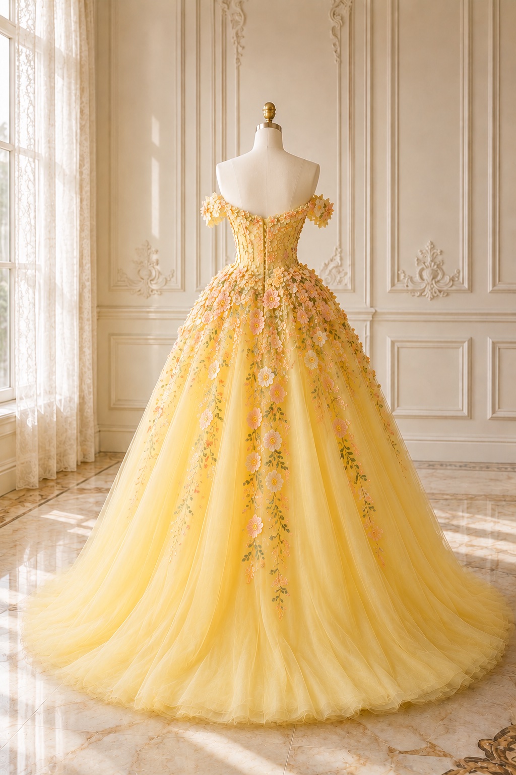 yellow floral dress formal Appliqué Off Shoulder Tulle Prom Quinceañera Gown With 3d Flower Details And Voluminous Skirt filter_category:Clothing