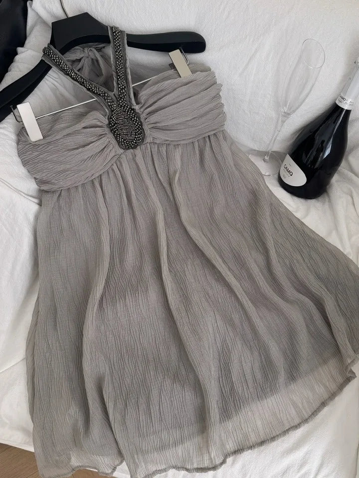 grey chiffon dress short With Beaded Halter on Luulla updated_fit