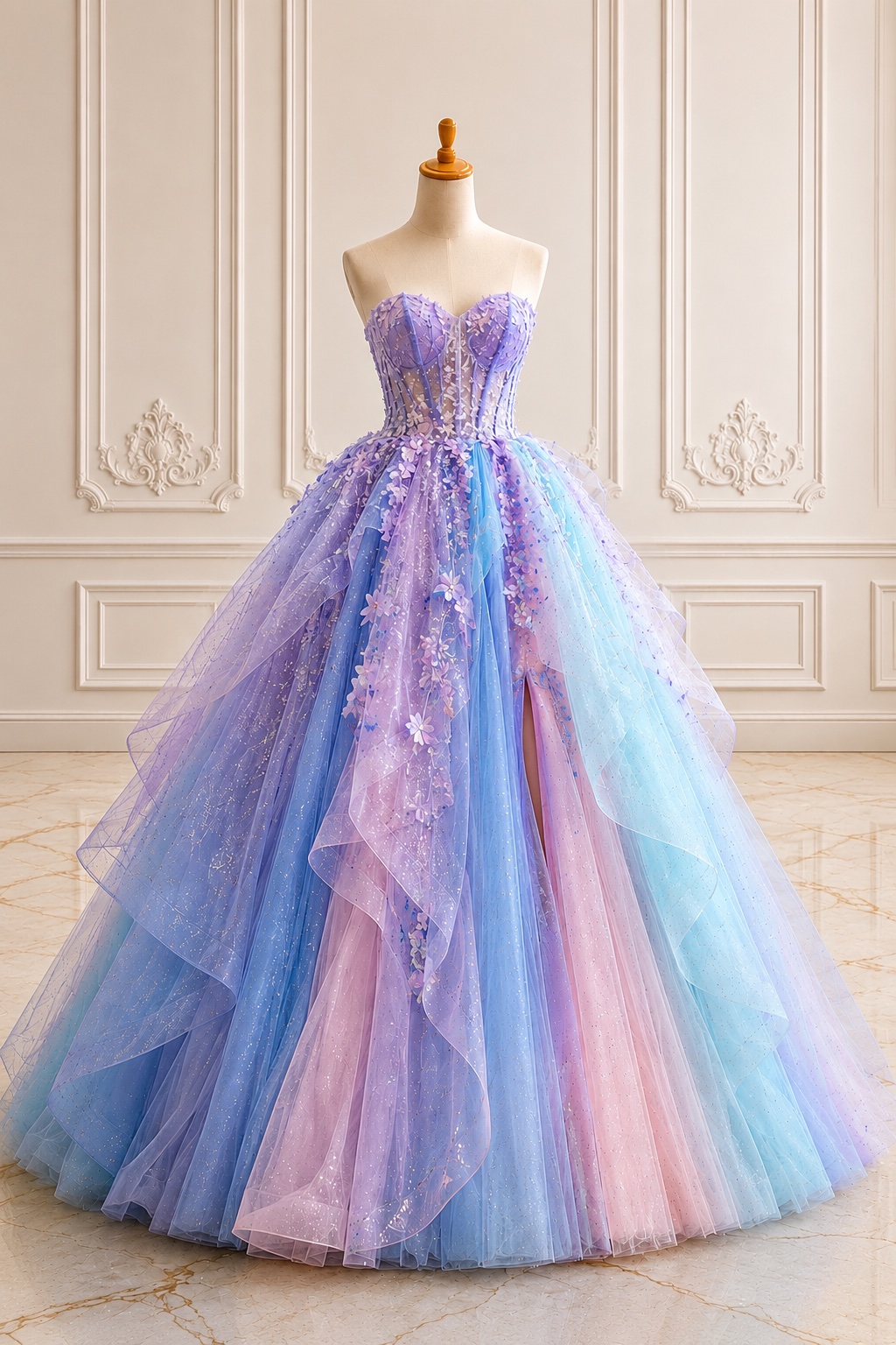 Dreamy Lavender Blue Pink Floral Appliqué Glitter Tulle Strapless Prom Dress With Layered Skirt on Luulla