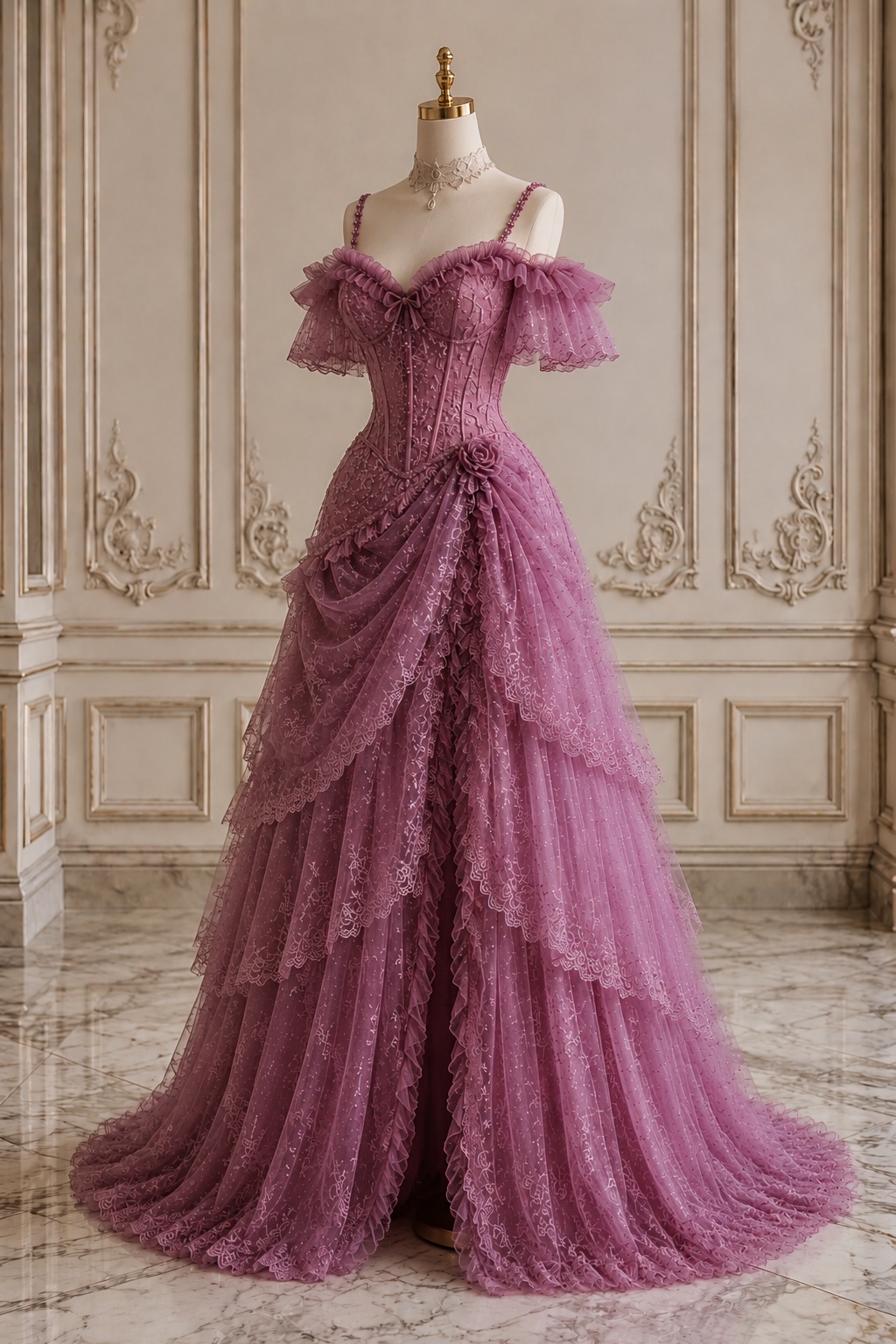 Dusty Mauve Lace Corset Prom Dress With Off Shoulder Sleeves And High Slit on Luulla