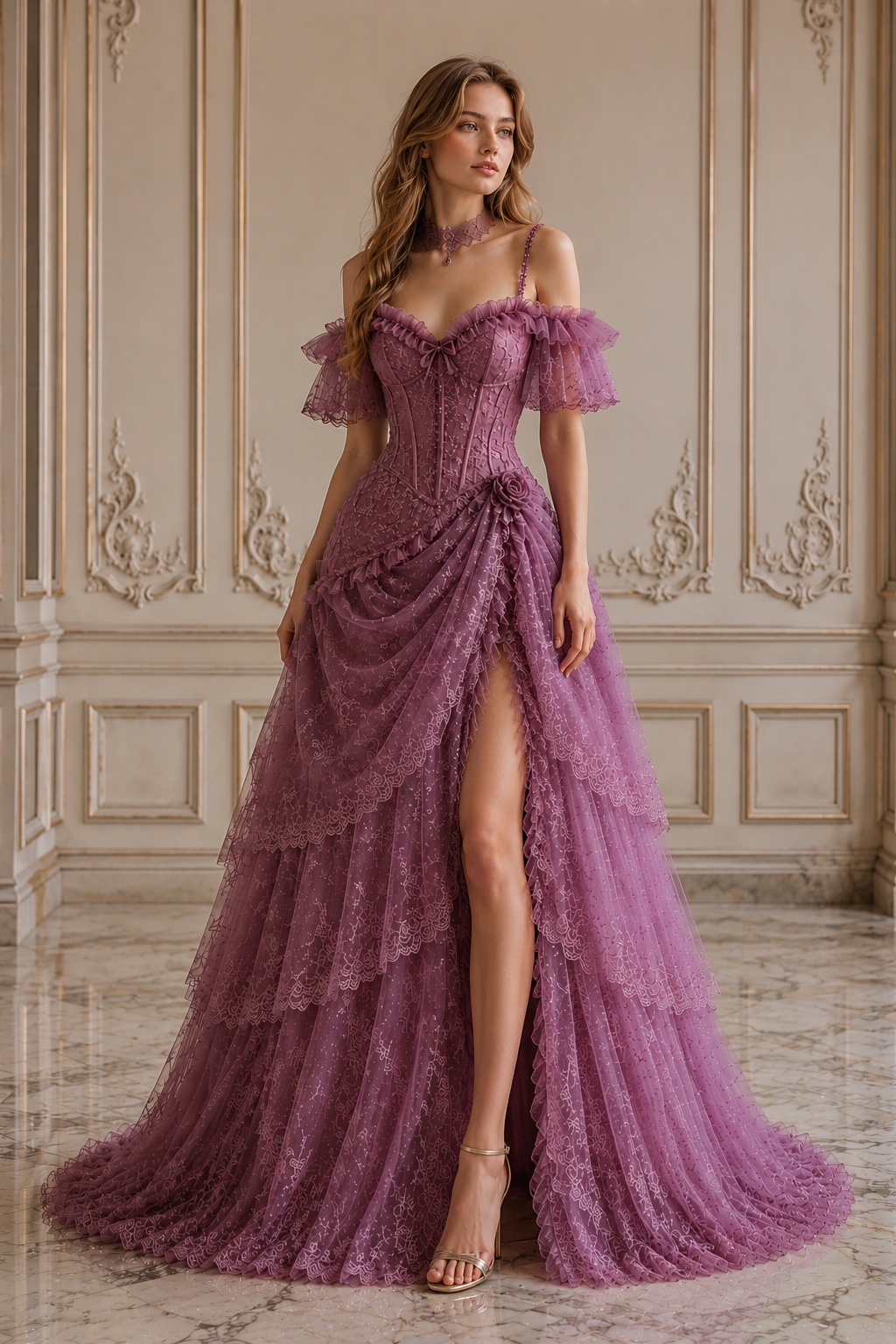 mauve lace bridesmaid dresses Dusty Corset Prom Dress With Off Shoulder Sleeves And High Slit on Luulla Boho Bridesmaid Dresses: 5