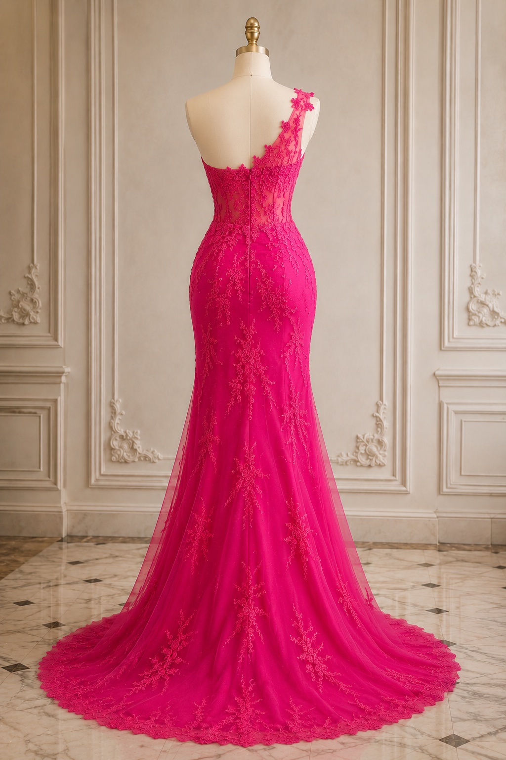 hot pink one shoulder long dress Lace Appliqué Mermaid Evening With High Slit And Sweep Train on Luulla Formal