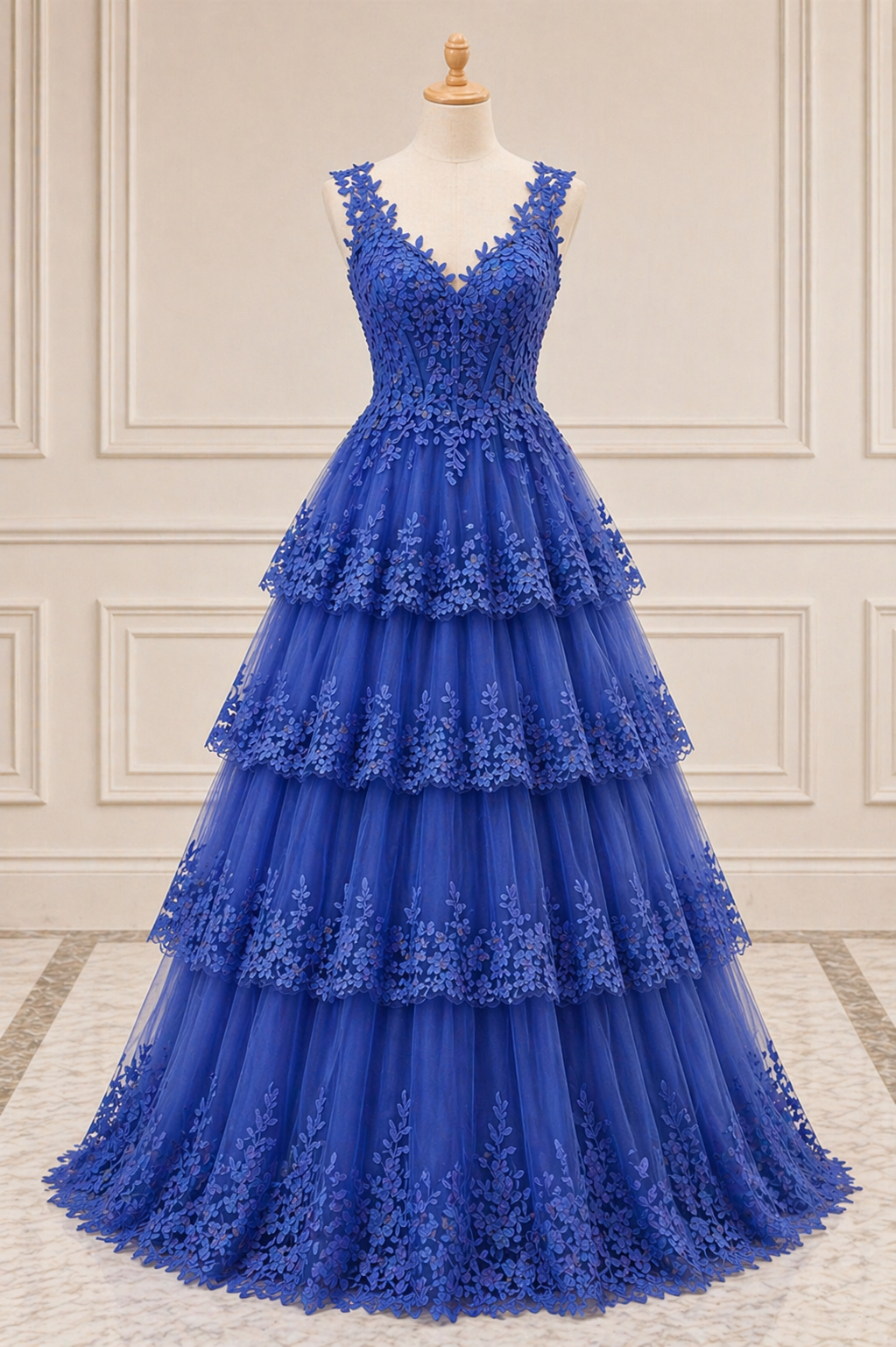 Royal Blue Tiered Tulle Ball Gown With Floral Applique Deep V Neckline And  Layered Skirt on Luulla