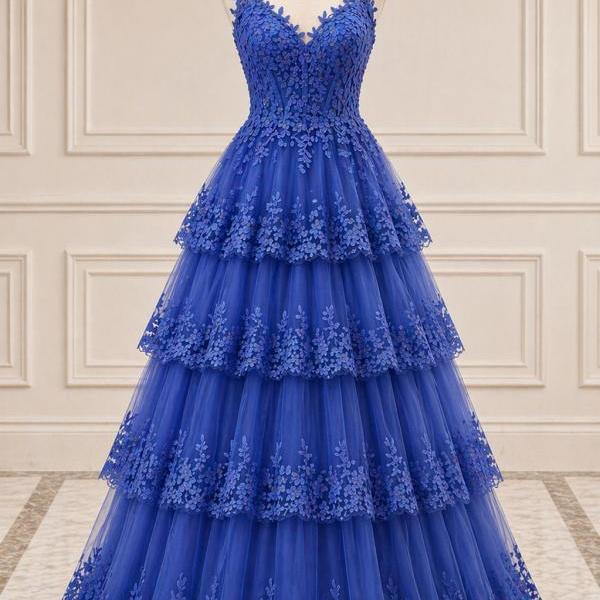 royal blue tiered dress Tulle Ball Gown With Floral Applique Deep V Neckline And Layered Skirt on Luulla Sky Blue Embroidery dress COLOR:BLACK/WHITE White and Navy Vertical Ruffle prom dress