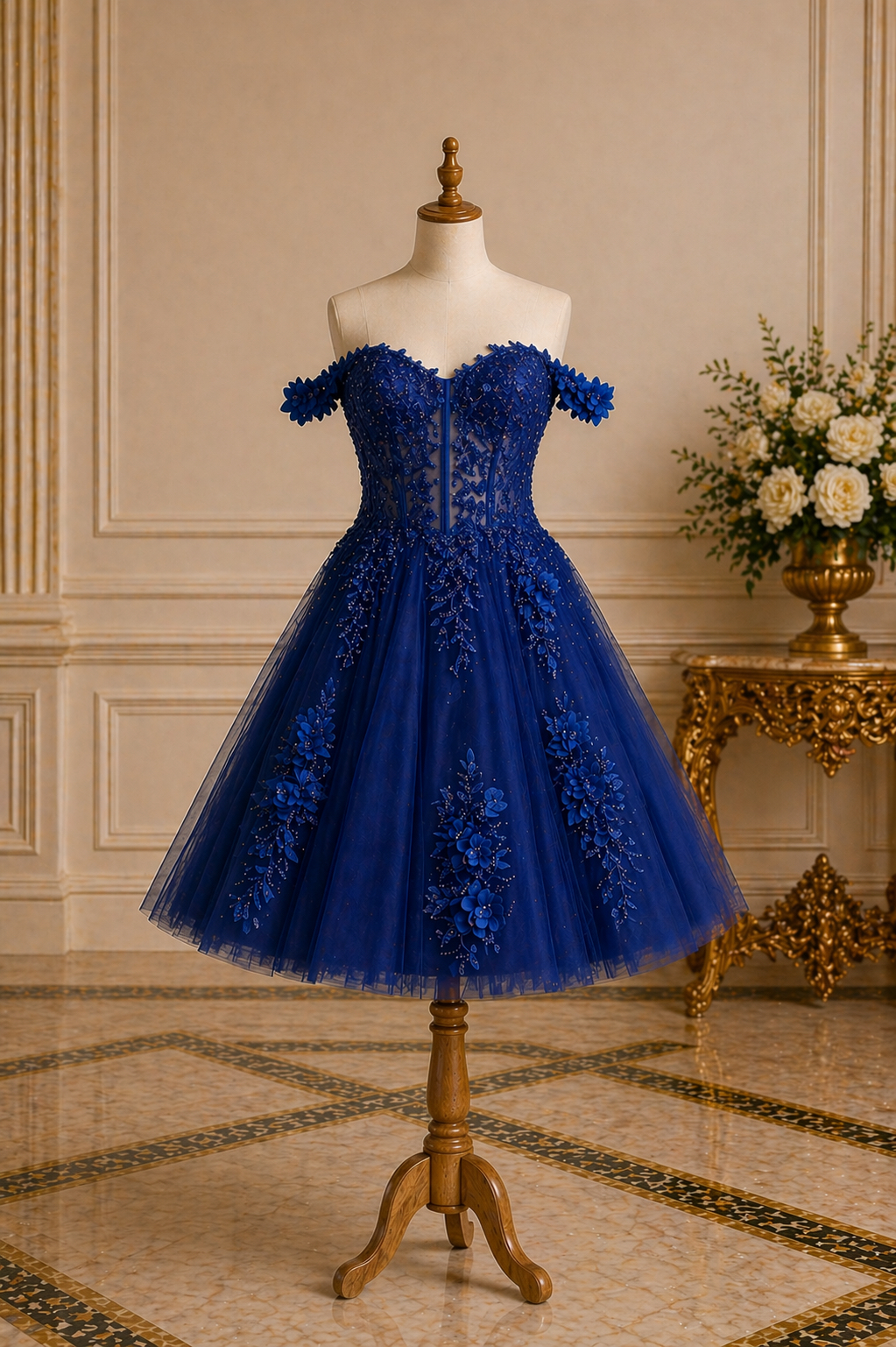 Royal Blue Off Shoulder Floral Applique Corset Tulle Homecoming Dress With Lace-up Back