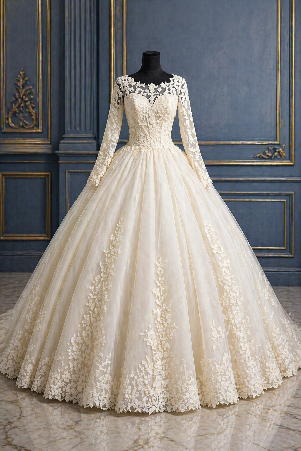 Ivory Lace Long Sleeve Ball Gown Wedding Dress With Floral Applique And Full Tulle Skirt Ivory Lace Long Sleeve Ball Gown Wedding Dress With Floral Applique And Full Tulle Skirt