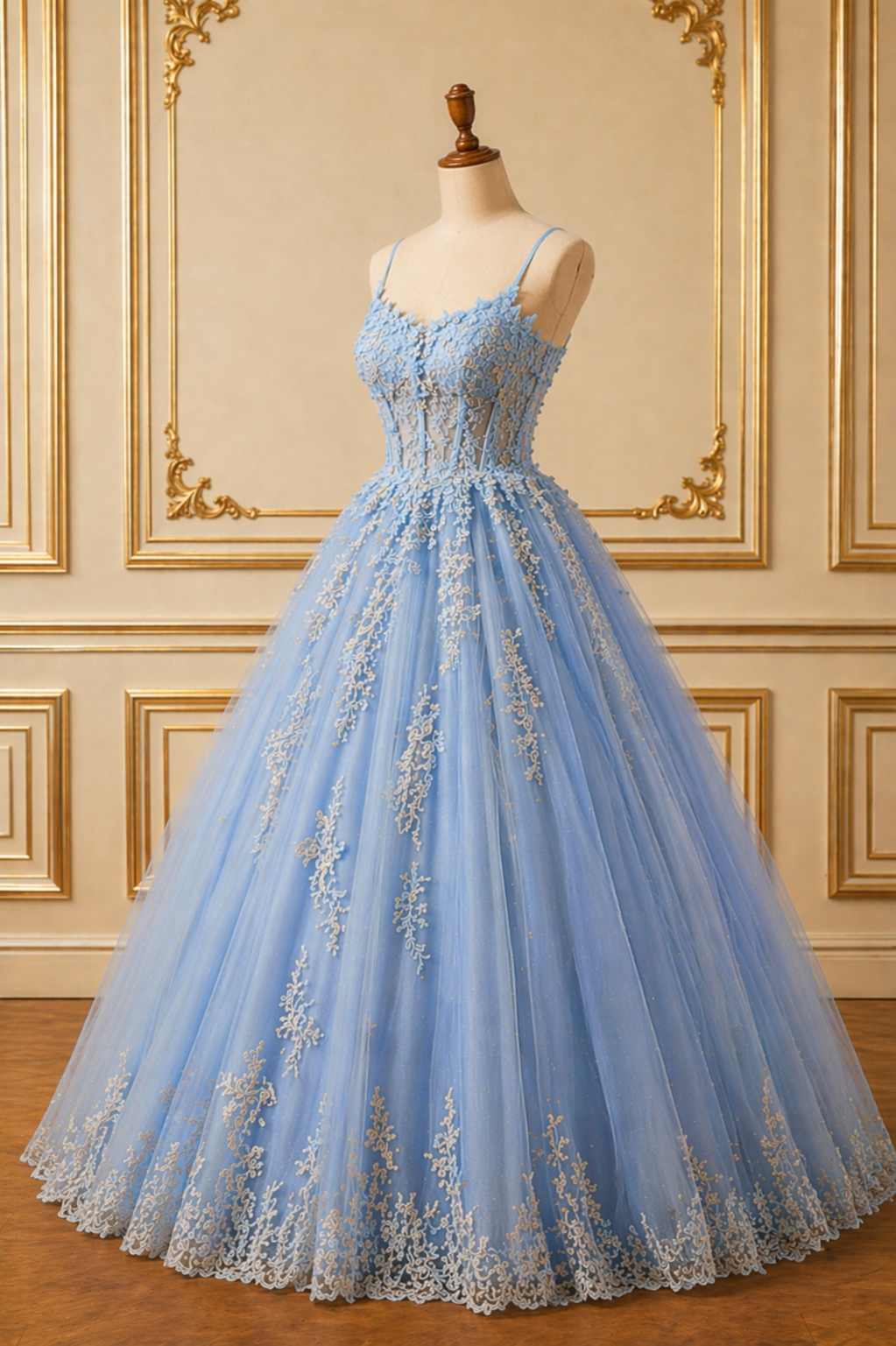 Light Blue Tulle Ball Gown With Lace Appliqu Corset And Spaghetti Straps  on Luulla